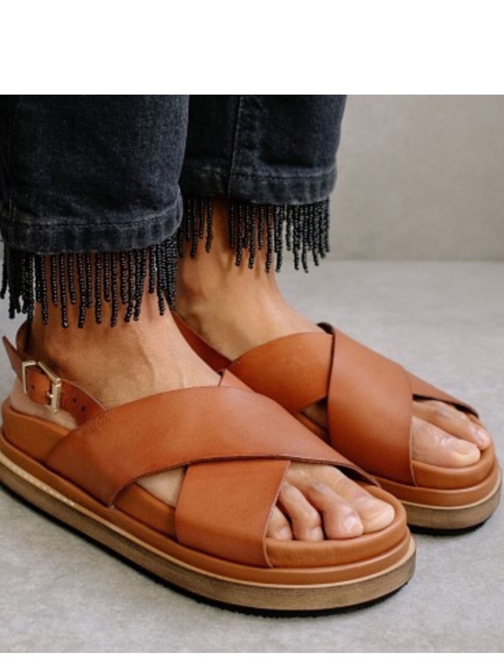 ALOHAS Tan Leather Crisscross Platform Sandals